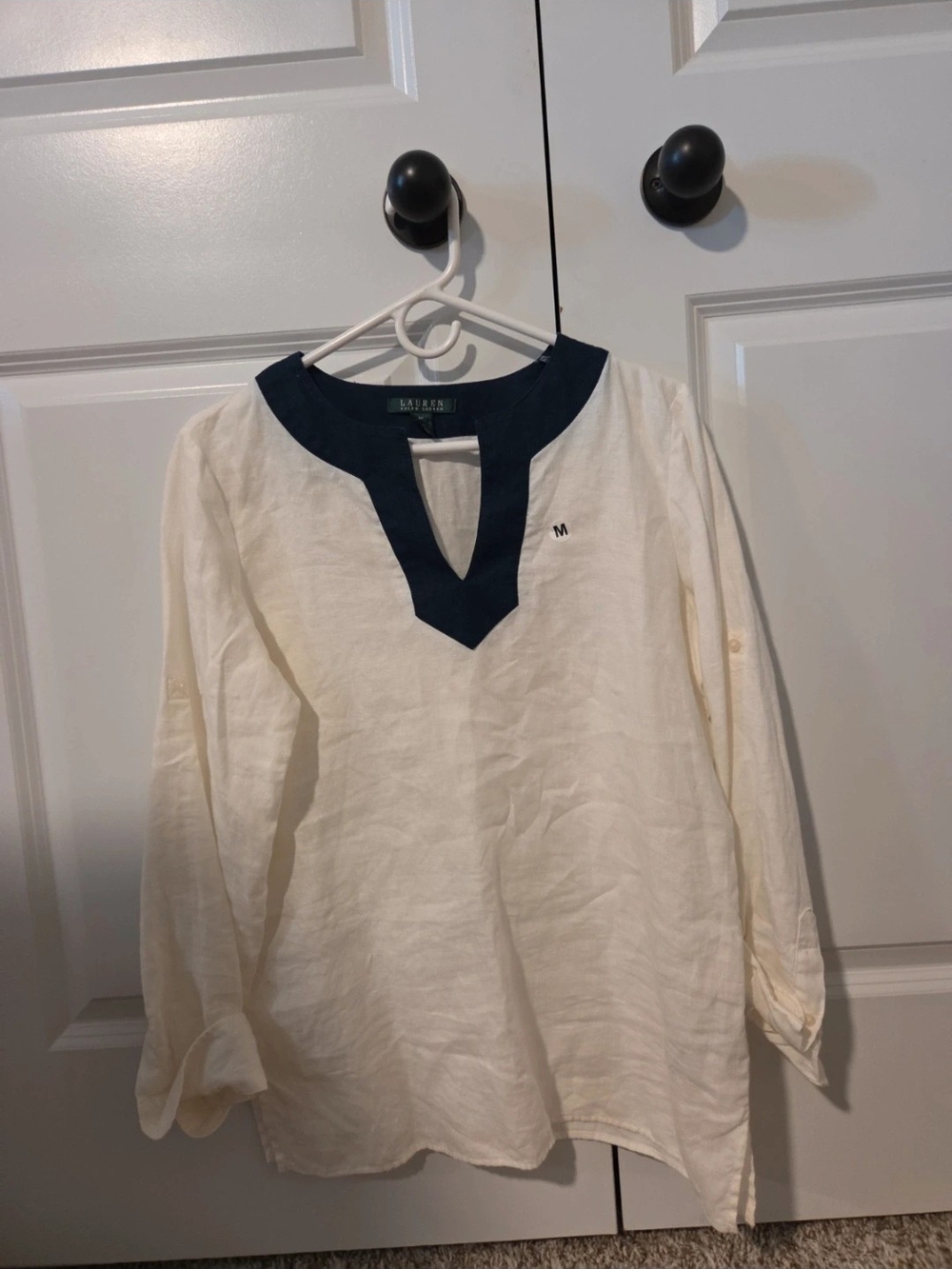 Ralph Lauren BEIGE Linen-Blend Womens Tunic Shirt with Navy Trim